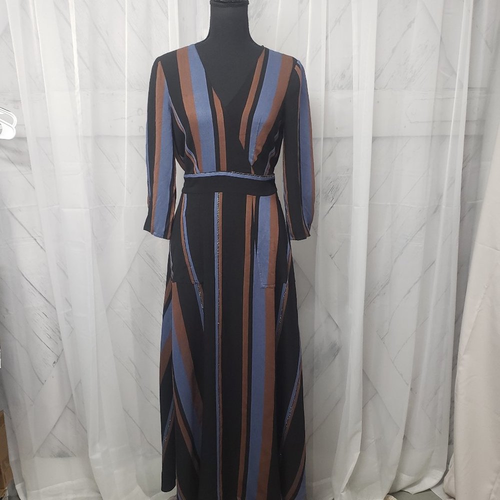 Zara Black Striped Tie Waist Maxi Dress Size M